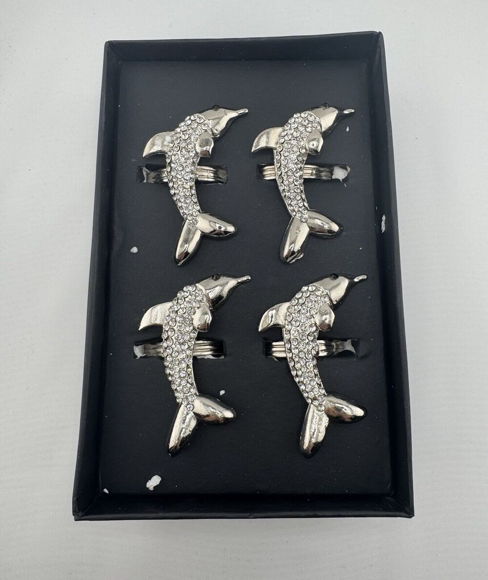 New Nicole Miller Home Set of 4 Silver Tone Rhinestone Dolphin Napkin Rings NIB